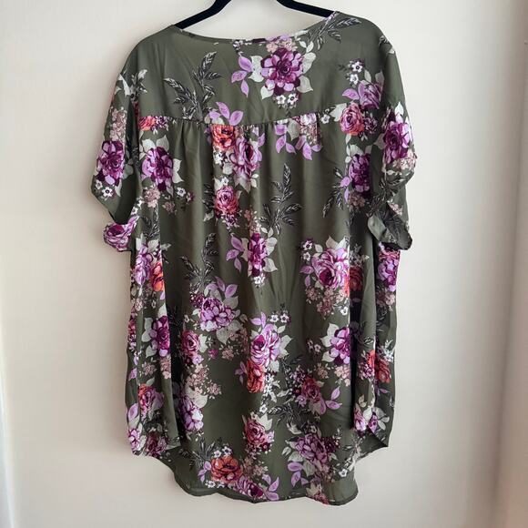 New Torrid Georgette Blouse Olive Green Lilac Sz 3X Floral Keyhole - Picture 7 of 7